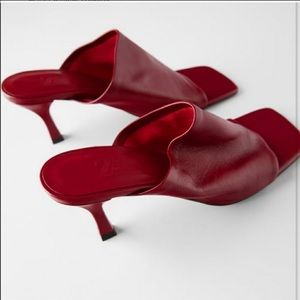 ZARA red soft leather square toe mule heels